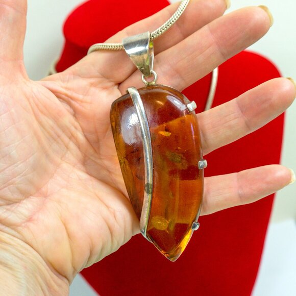 Hue Amber Pendants Set in 925 Silver With Extra Long Snake Chain 29" Rare Gift - Picture 15 of 17